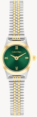 Calvin Klein Współczesny zegarek kwarcowy CK z dwiema wskazówkami (18 mm) z zieloną tarczą / dwukolorową bransoletą ze stali nierdzewnej 25100202