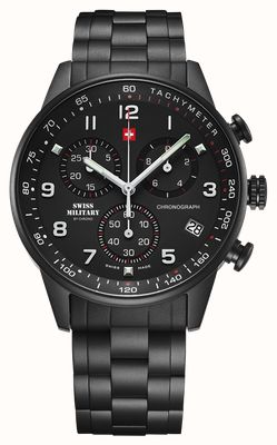 Swiss Military by Chrono Minimalistischer Militärchronograph für Herren (41 mm) schwarzes Zifferblatt / schwarzes PVD-Edelstahlarmband SM34012.04