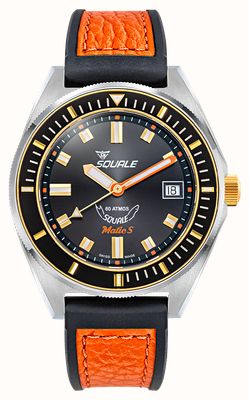 Squale Matic S Automatik (39 mm) schwarzes Zifferblatt mit Sonnenschliff / schwarzes und orangefarbenes Hydrolederarmband MATICGBKBK.RLOR