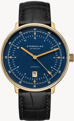 STERNGLAS Reloj automático Hamburg (42 mm), esfera azul y correa de piel negra clásica. S02-HHM07-HE03