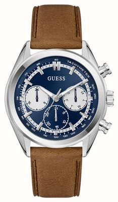 Guess Dawson multifuncional (44 mm) com mostrador azul raiado / pulseira de couro marrom GW0972G1