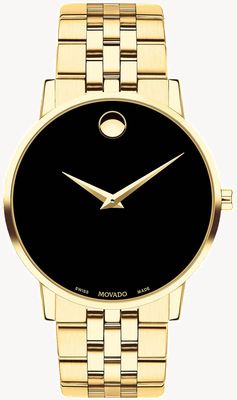 Movado Bracelet/boîtier plaqué or musée pour homme cadran noir 0607203