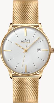 Junghans マイスター メガソーラー電波時計 (38mm) マットホワイト文字盤 / ゴールドPVDステンレススチールメッシュブレスレット 59/7600.46