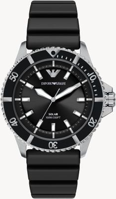 Emporio Armani Reloj World Explorer con energía solar (42 mm), esfera negra y correa de silicona negra. AR11788