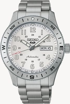 Seiko 5 campi sportivi in ​​bandiera bianca (41 mm) quadrante bianco / bracciale in acciaio inossidabile HDB007K1