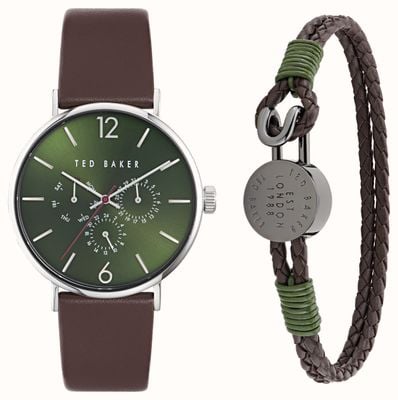 Ted Baker Men's Phylipa Gift Set (41mm) Green Dial / Brown Leather Strap BKGFW2306