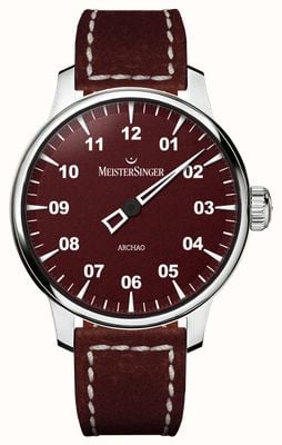 MeisterSinger Archao automatic (43 mm) z ciemnoczerwoną, ziarnistą tarczą / ciemnoczerwonym skórzanym paskiem AR911