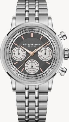 Raymond Weil Millesime chronographe automatique tri-compax (39 mm) cadran anthracite / bracelet en acier inoxydable 7765-ST-60651
