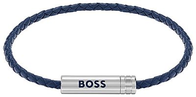 BOSS Jewellery Ares Air Braided Cuff In Blue Leather With Logo Plaque 1580874