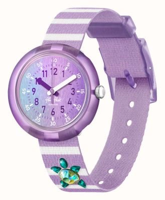 Flik Flak Shine Bright Shining Turtle (32 mm) violettes Zifferblatt / violett-weißes Armband aus recyceltem Haustier FPNP148