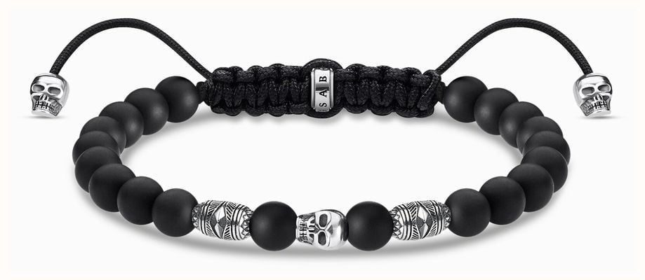 Thomas Sabo Macrame Style Drawstring Bracelet | Sterling Silver | Obsidian Beads| Skulls A1945-811-11-L22V