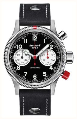 Hanhart PIONEER Mk II Automatic Chronograph (40mm) Reverse Panda Dial / Black Leather Rivet Strap - M 716.211-0010