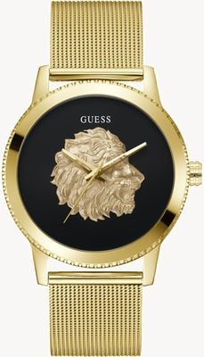 Guess Monarca masculino (44 mm) mostrador preto/pulseira de malha de aço inoxidável em tom dourado GW0702G1