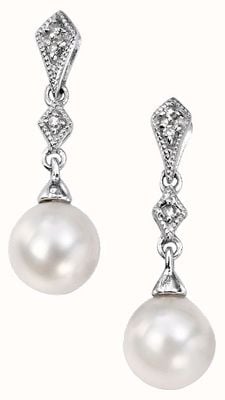 Elements Gold 9ct White Gold Diamond And Freshwater Pearl Drop Earrings GE807W