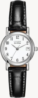 Citizen Weißes Zifferblatt für Damen, schwarzes Lederarmband, Eco-Drive EW1270-06A