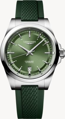 LONGINES Conquest automatique (38 mm), cadran vert / bracelet en caoutchouc vert L37204029