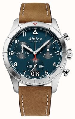 Alpina スタータイマー パイロット クロノグラフ ビッグデイト (41mm) ブルー文字盤/ブラウンレザー AL-372NW4S26
