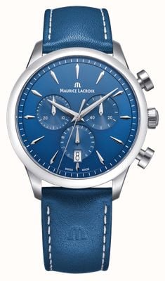 Maurice Lacroix Quarz-Chronograph von 1975 (40 mm), blaues Zifferblatt mit Sonnenschliff / blaues Lederarmband 751038-SS001-430-4