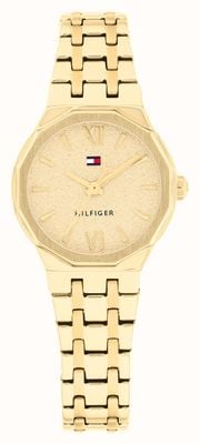 Tommy Hilfiger Mackenzie Quarzuhr mit drei Zeigern (25 mm), strukturiertes goldenes Zifferblatt / Armband aus goldfarbenem PVD-beschichtetem Edelstahl 1782886