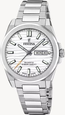 Festina Swiss Made Dune Day/Date Quartz (39.8mm) Silver Wave Dial / Stainless Steel Bracelet F20073/1