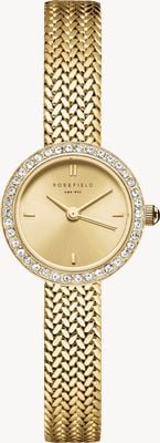 Rosefield Mini Small Edit Gold (20,4 mm) champagnerfarbenes Zifferblatt mit Sonnenschliff / vergoldetes Edelstahl-Mesh-Armband MCGMG-M03