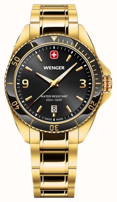 Wenger Mouvement à quartz Executive (40 mm), cadran noir soleillé, bracelet en acier inoxydable plaqué or. 01.2031.107