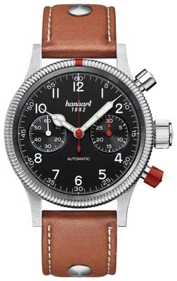 Hanhart Chronographe automatique Pioneer mk ii (40 mm), cadran noir / bracelet en cuir marron clair à rivets - m 716.210-0210