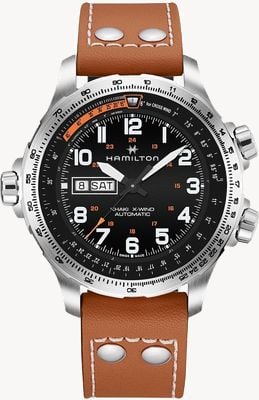 Hamilton Kaki aviation x-wind day-date automatique (45 mm) cadran noir / bracelet cuir marron H77755533