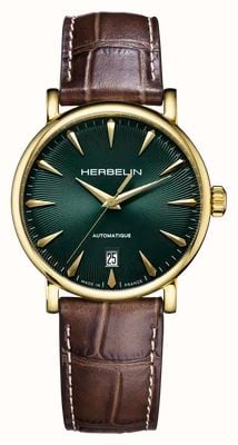 Herbelin Inspiration automatique (38 mm), cadran guilloché vert / bracelet en cuir marron 2047P16MA