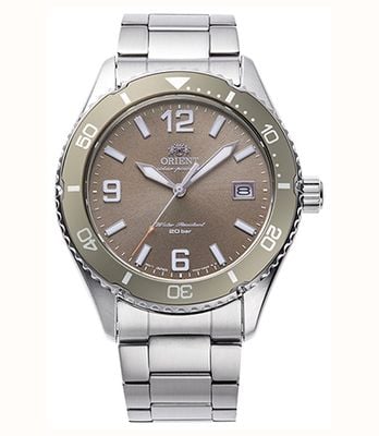 Orient Relógio de mergulho esportivo solar (39,9 mm) com mostrador marrom cacau e pulseira de aço inoxidável. RA-WJ0004Y10B