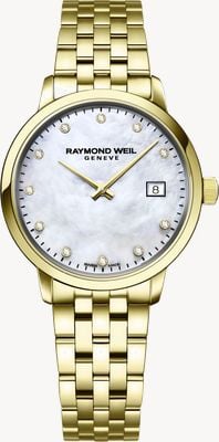 Raymond Weil Montre Toccata classique à quartz diamant (29 mm), cadran en nacre / bracelet en acier inoxydable plaqué or PVD 5985-P-97081