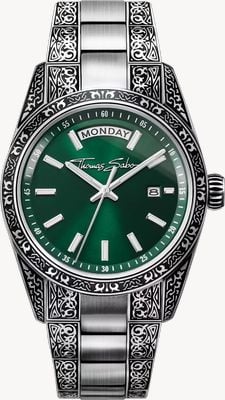 Thomas Sabo Rebel at heart 'revive' (36 mm) z zieloną, dymną tarczą sunburst / grawerowaną bransoletą ze stali nierdzewnej WA0426-201-201-36