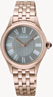 Seiko Kwarcowy zegarek Caprice (29,6 mm) z jasnoszarą tarczą / bransoletą ze stali nierdzewnej w kolorze różowego złota PVD SUR614P1