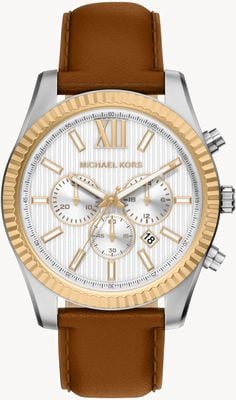 Michael Kors Chronographe Lexington (45 mm), cadran argenté / bracelet en cuir marron MK9257