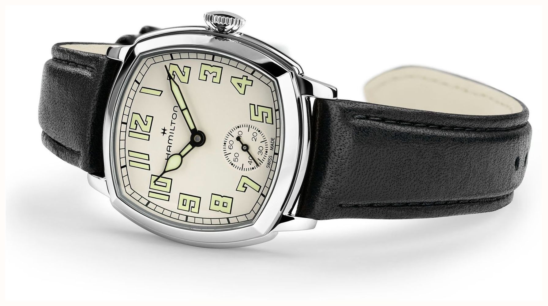 Hamilton American Classic Cushion Mechanical (30mm) Sandblasted Beige Dial / Black Leather Strap Watch H36109710 - alternate view 3