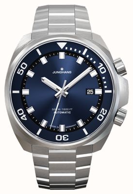 Junghans Aquaris automático (46,9 mm) mostrador azul com efeito raios de sol / pulseira de aço inoxidável + pulseira de borracha preta 27/4660.44