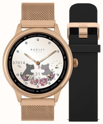 Radley Relógio inteligente Série 19 (42 mm) com malha em ouro rosa intercambiável e conjunto de pulseira de silicone preta RYS19-4012-SET