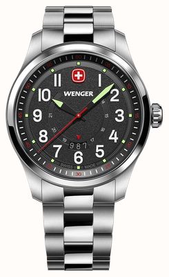 Wenger Reloj Terragraph de cuarzo (43 mm) con esfera negra texturizada y brazalete de acero inoxidable. 01.0541.122