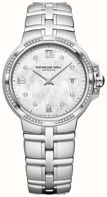 Raymond Weil Montre Parsifal classique à quartz sertie de diamants (30 mm), cadran en nacre et bracelet en acier inoxydable 5180-STS-00995
