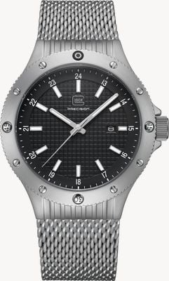 GLOCK Precision Quarzo con data (44 mm) quadrante nero testurizzato / bracciale in maglia di acciaio inossidabile GW-33-4-24
