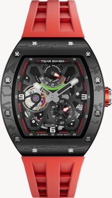 TSAR BOMBA Elemental-Serie Carbon, automatische Gangreserve (42,8 mm), schwarzes Zifferblatt/rotes FKM-Kautschukarmband TB8212CF-02