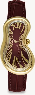 Exaequo Melting Watch Klassisches PVD-Gelbgold (28 mm) mit italienischem burgunderfarbenem Zifferblatt / italienischem burgunderfarbenem Kroko-Lederarmband EX 0002.0006