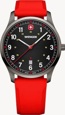 Wenger Relógio City Sport Quartz (42 mm) com mostrador preto fosco e pulseira de silicone vermelha. 01.1441.130