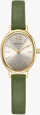 Bering クラシックオーバル クォーツウォッチ (20mm) シルバー サンレイダイアル / グリーン レザーストラップ 11020-833