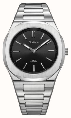 D1 Milano Ultradünne, stylische schwarze (39 mm) Armbanduhr mit schwarzem Sonnenschliff-Zifferblatt und Edelstahlarmband UHBJ01