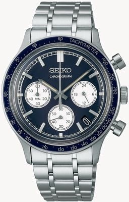 Seiko Cronógrafo deportivo de carreras (38,7mm) esfera azul marino / reloj de pulsera de acero inoxidable ex-exposición SSB477P1-Exdisplay