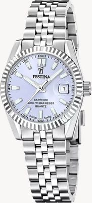 Festina Klassisches Schweizer Quarzwerk (29 mm), violettes Zifferblatt mit Sonnenschliff / Edelstahlarmband F20087/3
