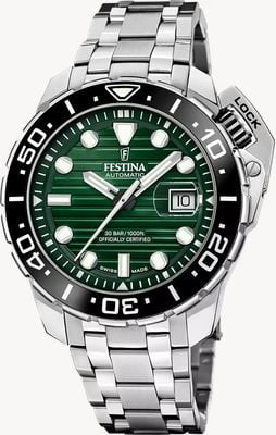 Festina Schweizer Automatikuhr COSC-zertifiziert Taucheruhr (47,3 mm) grünes Zifferblatt / Edelstahlarmband Set F20043/4
