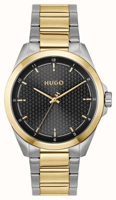 HUGO Relógio de quartzo de três ponteiros #seam (42,5 mm) com mostrador preto e pulseira bicolor em aço inoxidável. 1530452