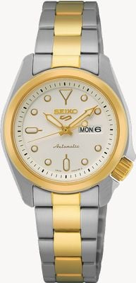 Seiko 5 sports | compact 28 mm | cadran blanc | montre deux tons SRE004K1